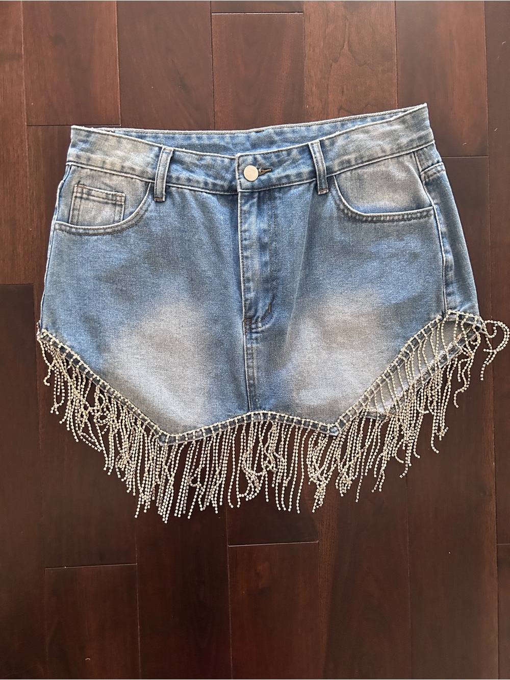 Beaded Fringe Denim Mini Skirt - Light Blue